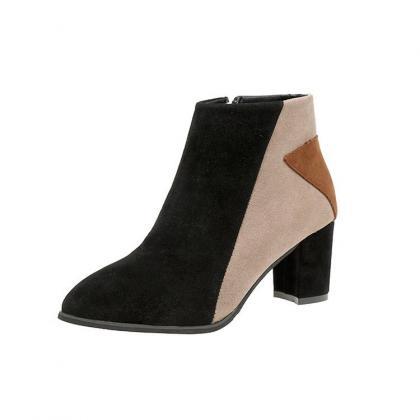 Patchwork PU Chunky Heel Pionted To..