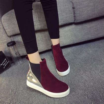 Suede Patchwork Flat Round Toe Boot..