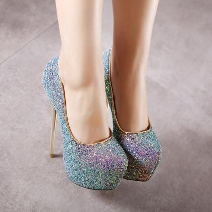 Glitter Rounded-toe Platform High Heel Stilettos