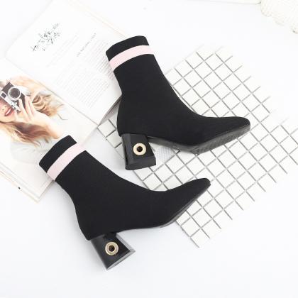 Suede Chunky Heel Striped Square Toe Short Boots
