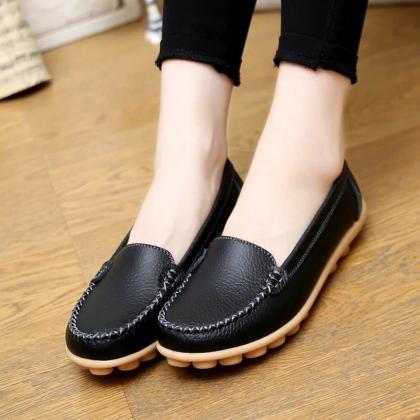 Leather Pure Color Round Toe Flats