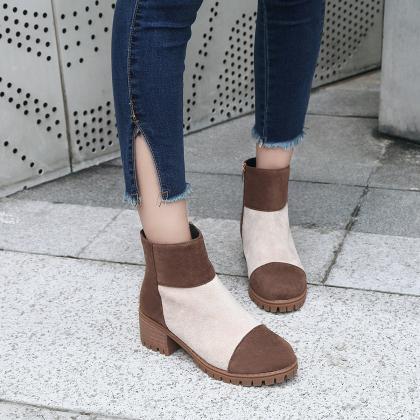 Suede Block Colour Chunky Heel Ankle Boots