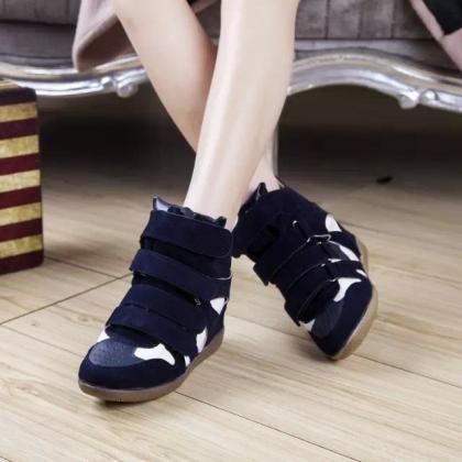 Pu Slope Heel Patchwork Round Toe Short Boots
