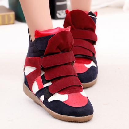 Pu Slope Heel Patchwork Round Toe Short Boots