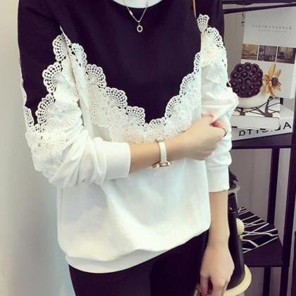 Patchwork Lace Long Sleeves Scoop Loose Blouse