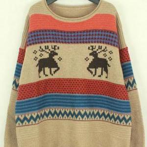Deer Patterns Color Block Stripes Sweater