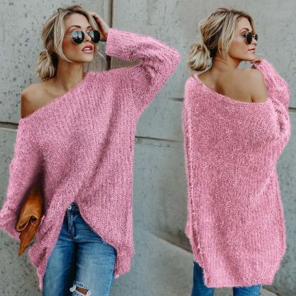 Candy Color Long Sleeves Loose One Shoulder Long..