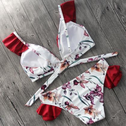 Flower Print Red Falbala Bikini Set