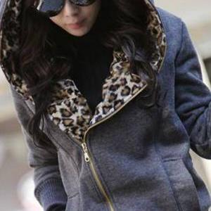 Zip Closure Leopard Inside Cotton Hooded Coat