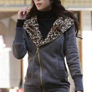 Zip Closure Leopard Inside Cotton Hooded Coat
