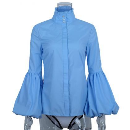 High Stand Collar Pure Color Long Lantern Sleeves..
