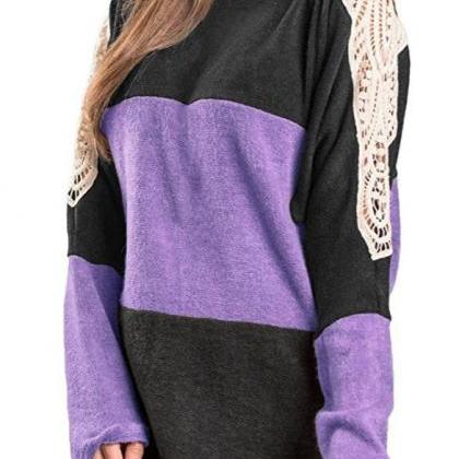 Loose Color Block Lace Patchwork Long Sleeves..