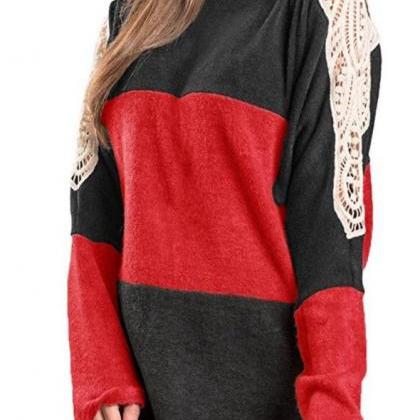 Loose Color Block Lace Patchwork Long Sleeves..