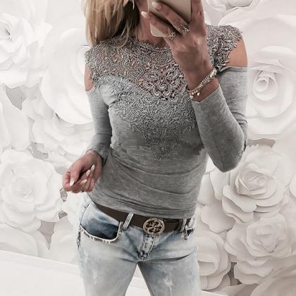Lace Slim Scoop Patchwork Long Sleeves Cut Out..