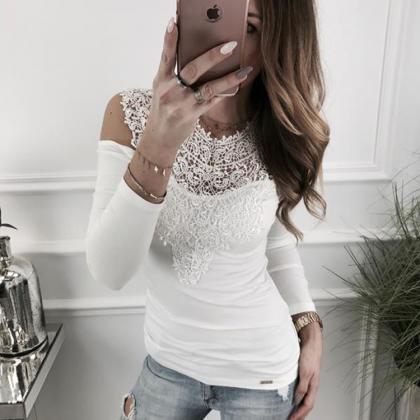 Lace Slim Scoop Patchwork Long Sleeves Cut Out..