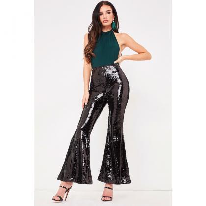 Shinning Sequins High Waist Solid Color Long..