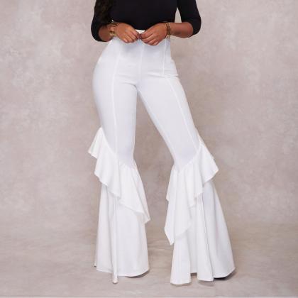 High Waist Ruffles Long Bell-bottomed Solid Color..