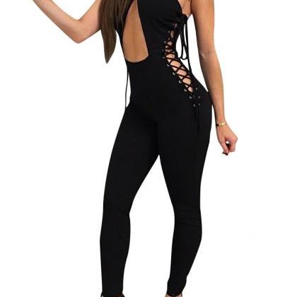Halter Hollow Out Backless Straps Long Jumpsuits