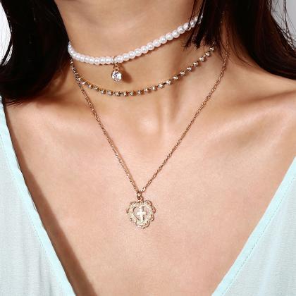 Pearl Multilayer Hearts Clavicle Necklace