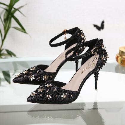 Flowers Stiletto Heel Pionted Toe Ankle Strap High..