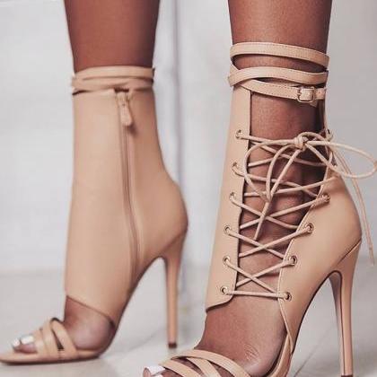 Side Lace Up And Zipper Open-toe Stiletto High..