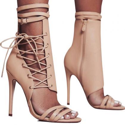 Side Lace Up And Zipper Open-toe Stiletto High..