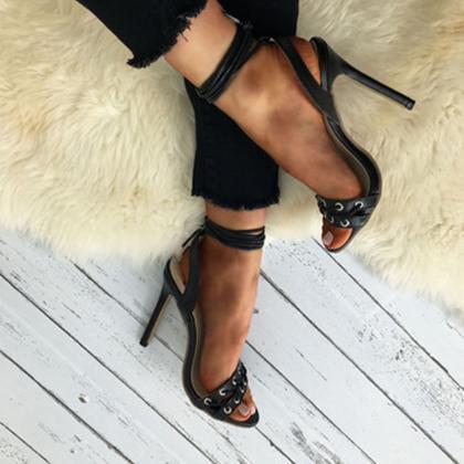Straps Ankle Open Toe Simple Style Stiletto High..