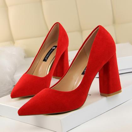 Red Faux Suede Pointed-toe Chunky Heels