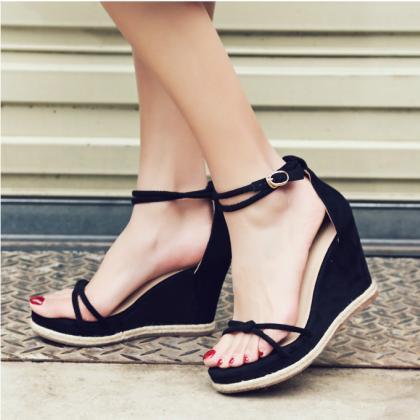 Waves Simple Style Ankle Wrap Platform Wedge High..