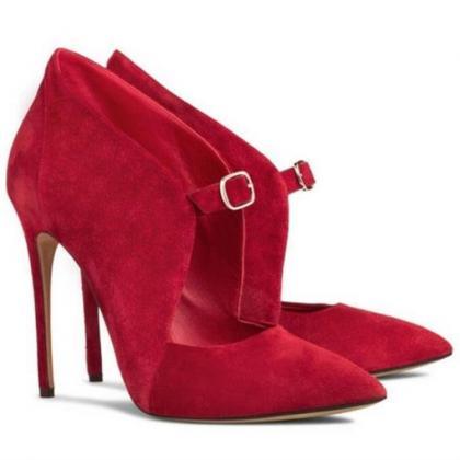Suede Stiletto Heel Pointed Toe Ankle Strap High..
