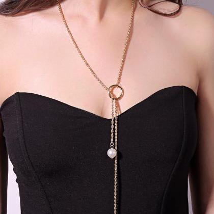Geometric Pearl Pendant With Long Tassel Necklace
