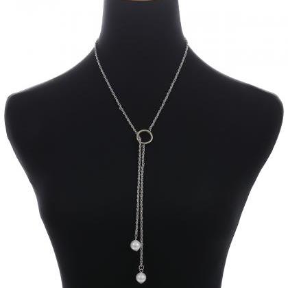Geometric Pearl Pendant With Long Tassel Necklace