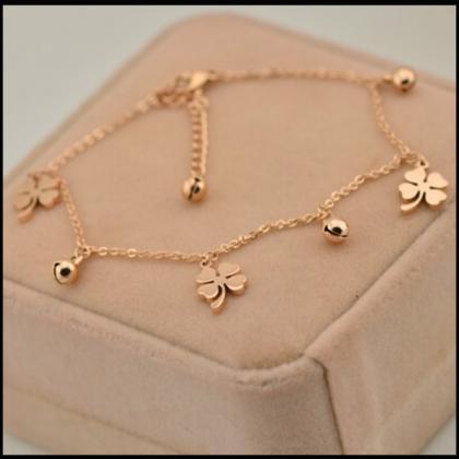 Delicate Four-leaf Clover With Three Bells Anklets