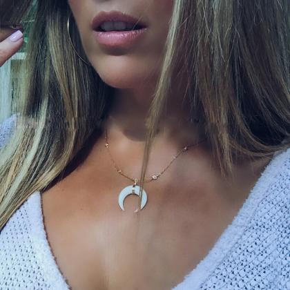 Pure White Moon Horn Crystal Double Sided Necklace