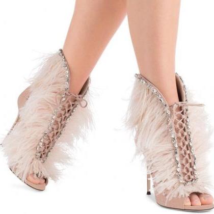 Diamond Feather Peep Toe Stiletto High Heel Ankle..