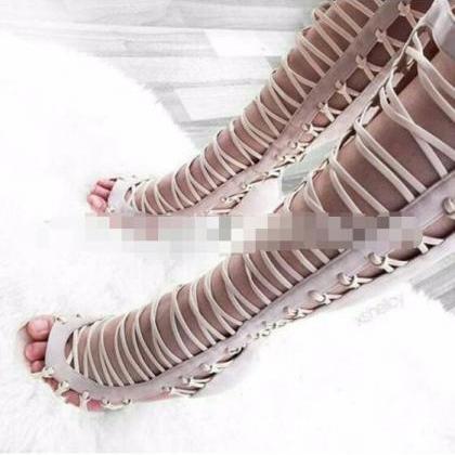 Straps Hollow Out Open Toe High Heel Thigh High..