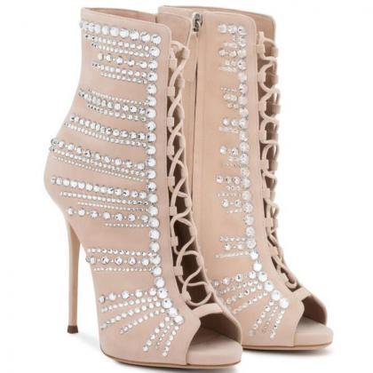 Crystal Lace Up Peep Toe Ankle Boot..