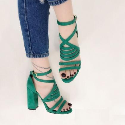2018 Green Ankle Wrap Open Toe Straps High Chunky..