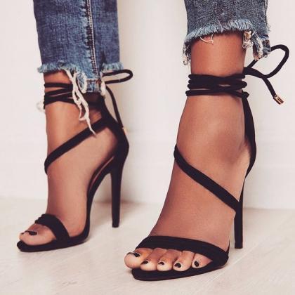 Ankle Lace Up Simple Open Toe Stiletto High Heel..