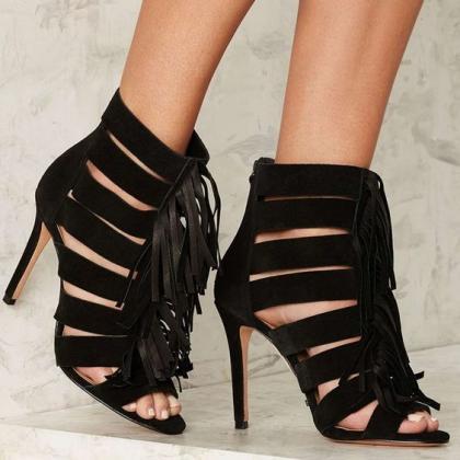 Tassels Straps Peep Toe Solid Color Stiletto High..
