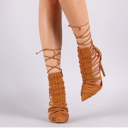 Faux Suede Pointed-toe Lace-up High Heel Ankle..