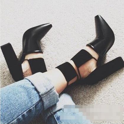 Cut Out Pointed Toe High Chunky Heel Party Shoes