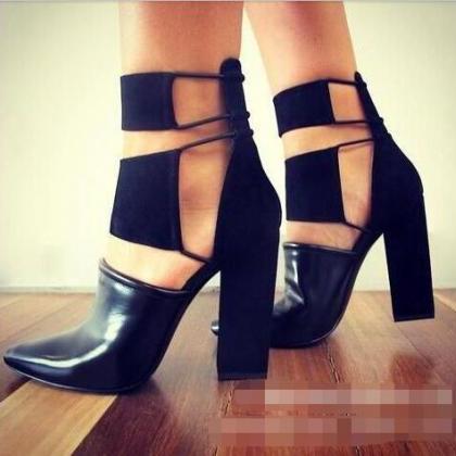 Cut Out Pointed Toe High Chunky Heel Party Shoes