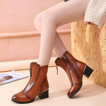 Real Leather Patchwork Middle Chunky Heel Ankle..