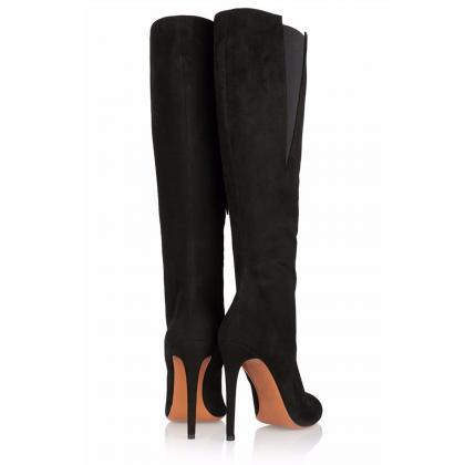 Black Faux Suede Pointed-toe Knee High Stiletto..