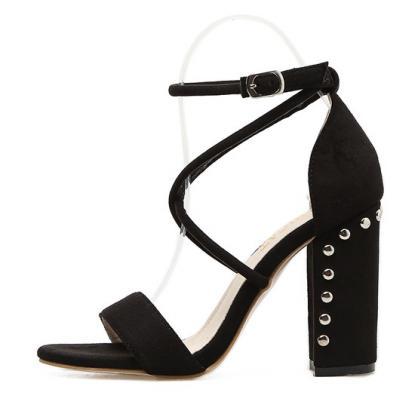 Rivets Open Toe Straps Ankle Wrap High Chunky Heel..