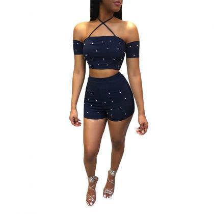 Beadings Off Shoulder Crop Top With High Waist..