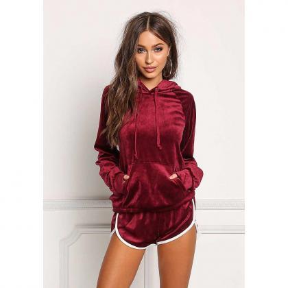 Pocket Hoodies Shorts Two Pieces Sports Set..