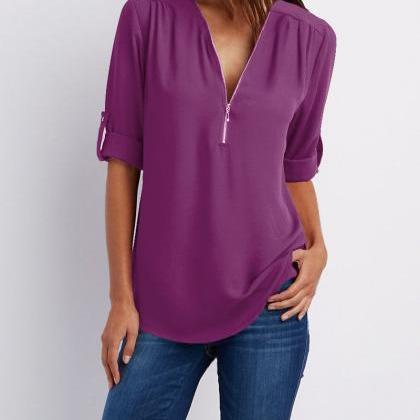 V-neck Candy Color Front Zipper Long Sleeves Loose..