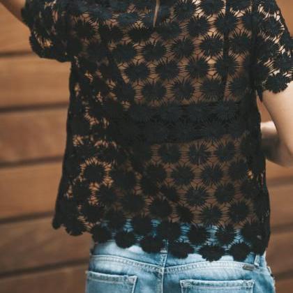 Perspective High Neck Short Sleeves Lace Blouse